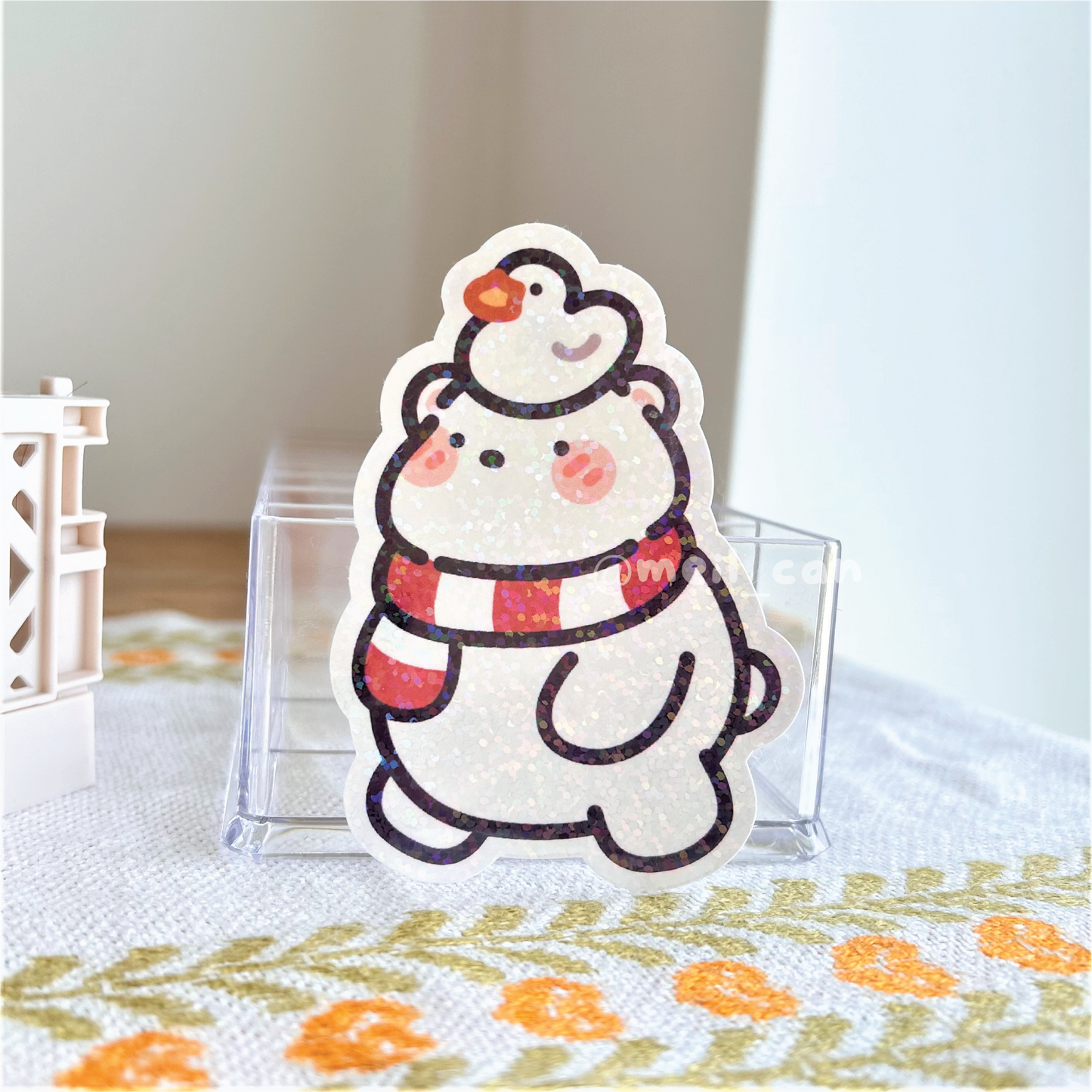 Duckie on Pollo's Head - Duck Holographic Die Cut Sticker