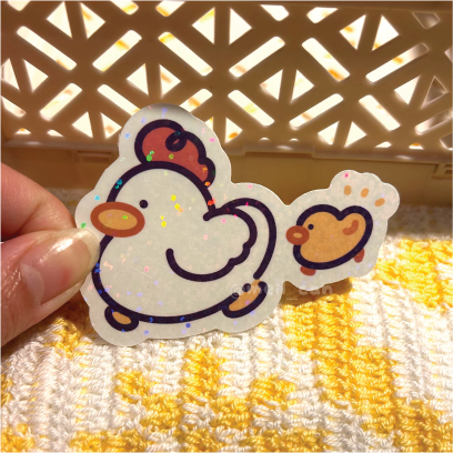 Cute Chicken with Little Chick Holographic Die Cut Sticker | Cute Bird Sticker
