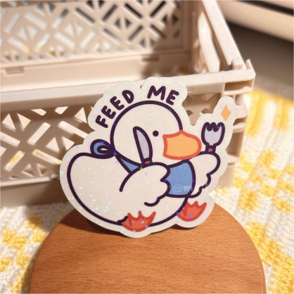 Feed Me Holographic Die Cut Sticker | Cute Duck Sticker