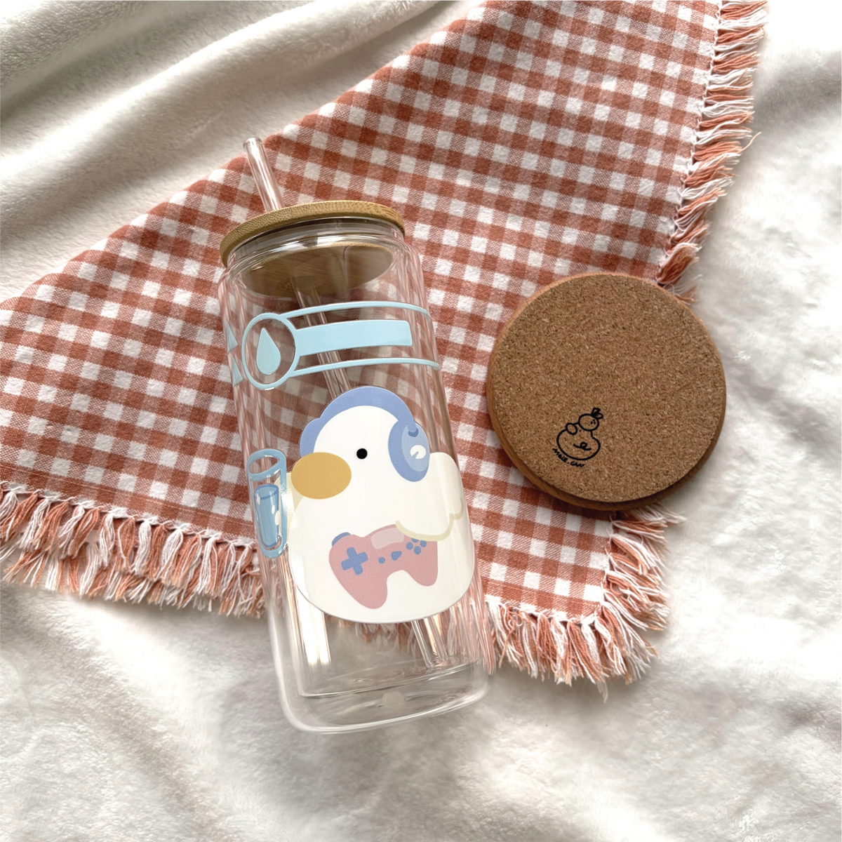 Gaming Duckie | Cute Double Walled Glass Cup with Bamboo Lid and Glass Straw *3RD UPGRADE