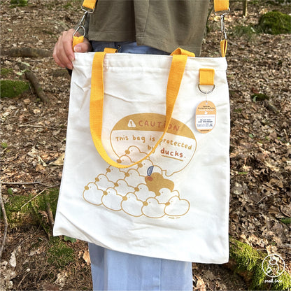 Caution, Protected By Ducks Canvas Tote Bag - Cute RPG Duck Tote Bag