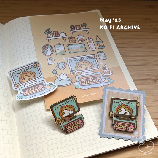 May 2025 rewards - Duckie Membership Ko-fi Archive | Enamel Pin, Artprint, Sticker