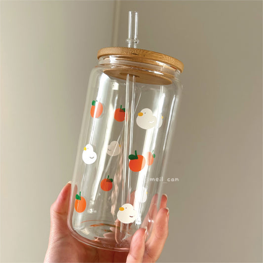 *UPGRADED* Duckie Orange Cup | Cute Duck Glass Cup with Bamboo Lid and Straw