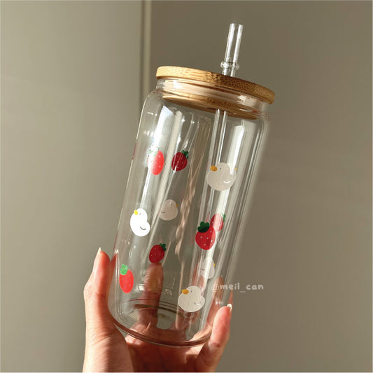 *UPGRADED* Duckie Strawberry Cup | Cute Duck Glass Cup with Bamboo Lid and Straw