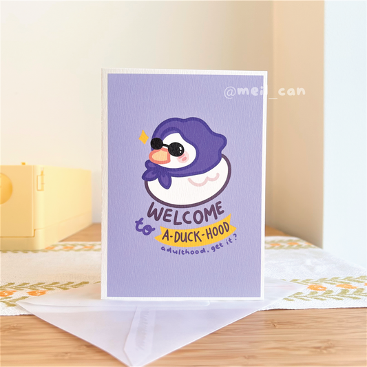 Welcome to A-Duck-Hood (Purple) - Duck Birthday Card - Greeting Card