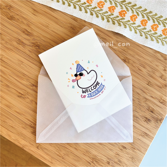 Welcome to A-Duck-Hood (White) - Duck Birthday Card - Greeting Card