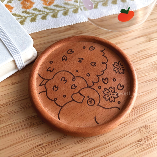 Duckie Under Sakura Tree | Engraved Wooden Coaster