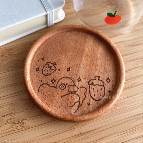 Duckie & Strawberries | Engraved Wooden Coaster