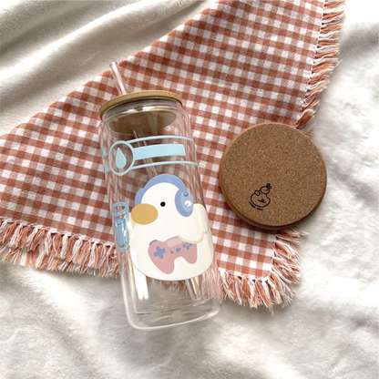 Gaming Duckie | Cute Double Walled Glass Cup with Bamboo Lid and Glass Straw *3RD UPGRADE