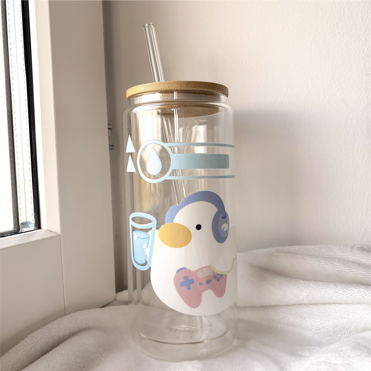Gaming Duckie | Cute Double Walled Glass Cup with Bamboo Lid and Glass Straw *3RD UPGRADE