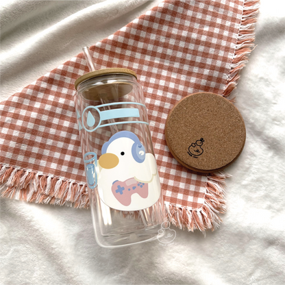 Gaming Duckie | Cute Double Walled Glass Cup with Bamboo Lid and Glass Straw *3RD UPGRADE