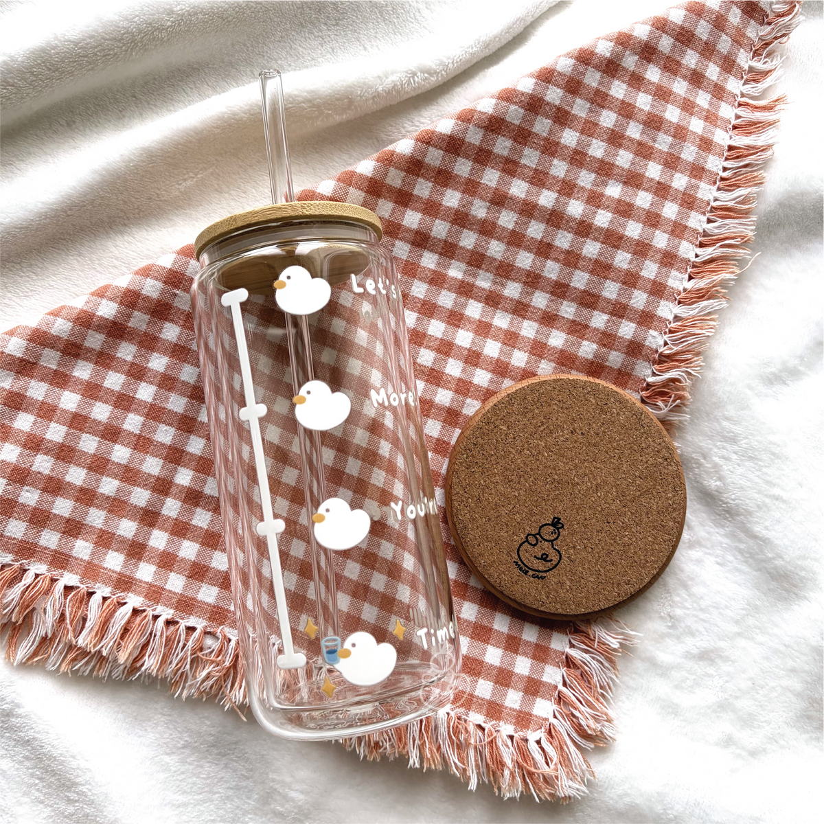 Duckie Measuring Your Water Intake | Cute Double Walled Glass Cup with Bamboo Lid and Glass Straw *3RD UPGRADE