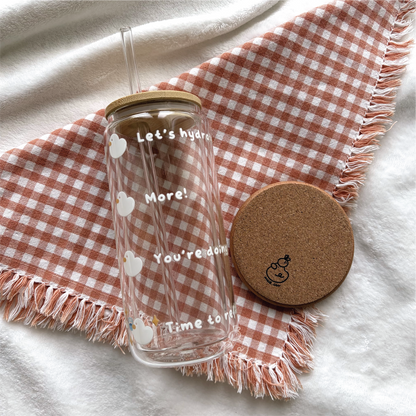 Duckie Measuring Your Water Intake | Cute Double Walled Glass Cup with Bamboo Lid and Glass Straw *3RD UPGRADE